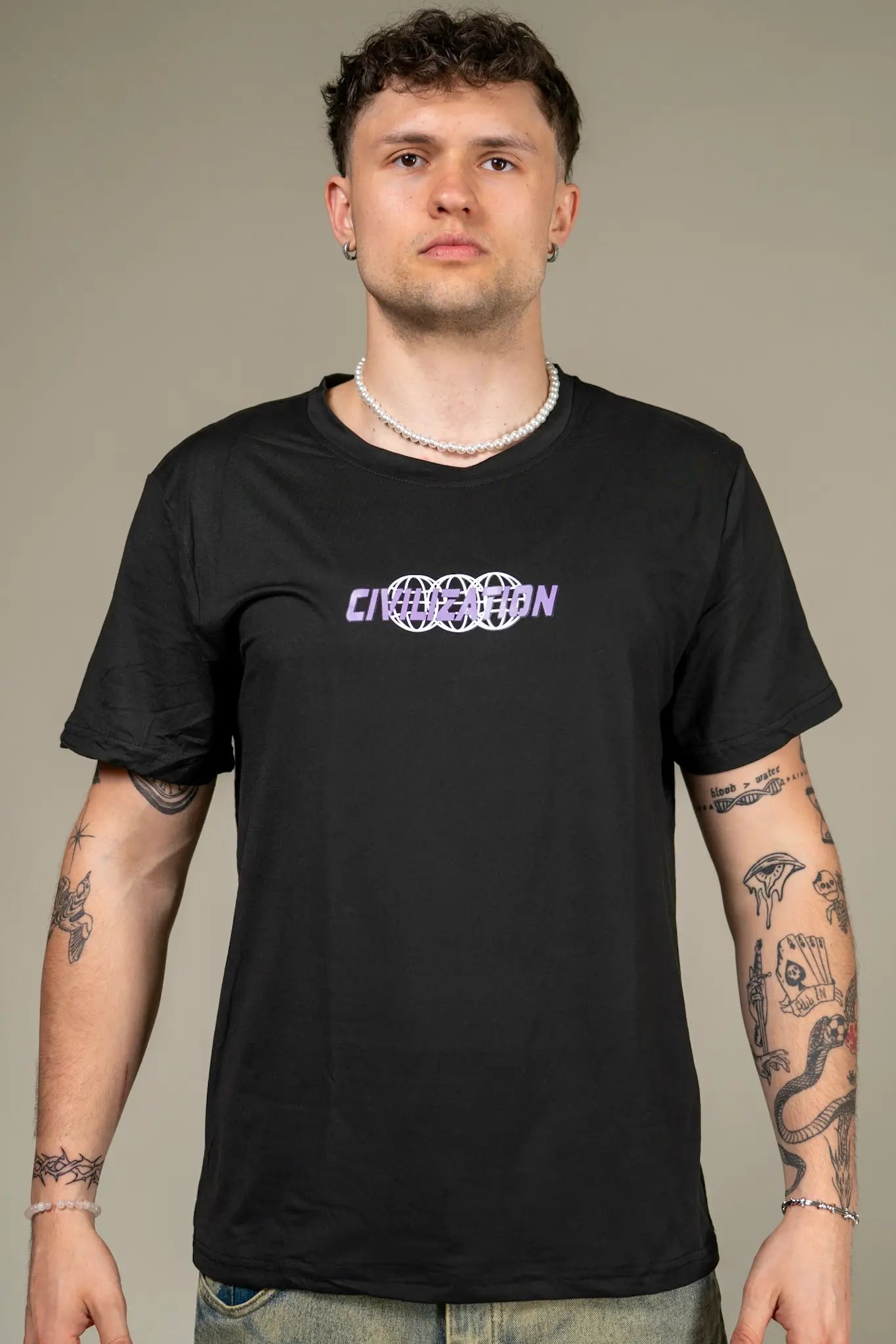 Schwarzes Techno Rave Outfit T Shirt für Herren mit Civilisation aufdruck