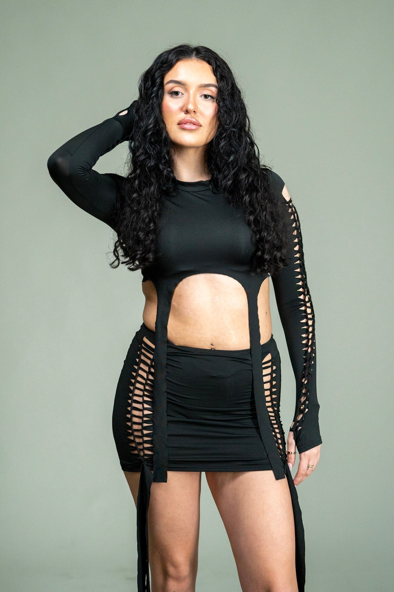 Schwarzes Rave Outfit Zweiteiler für Techno Raves für Damen