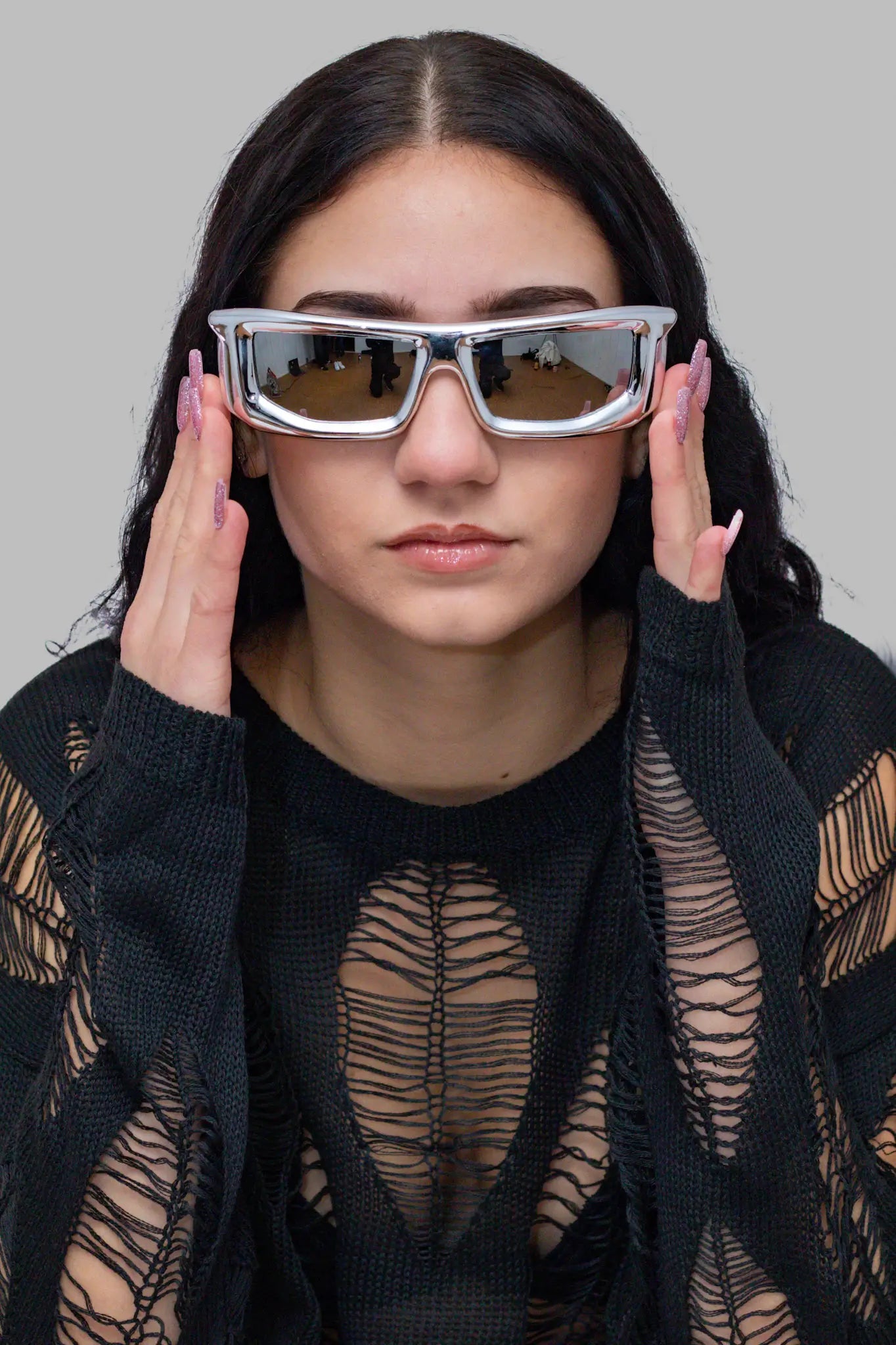 Techno Rave Hässige XXL Brille Mercury Lens: Silbrige Rave Sonnenbrille